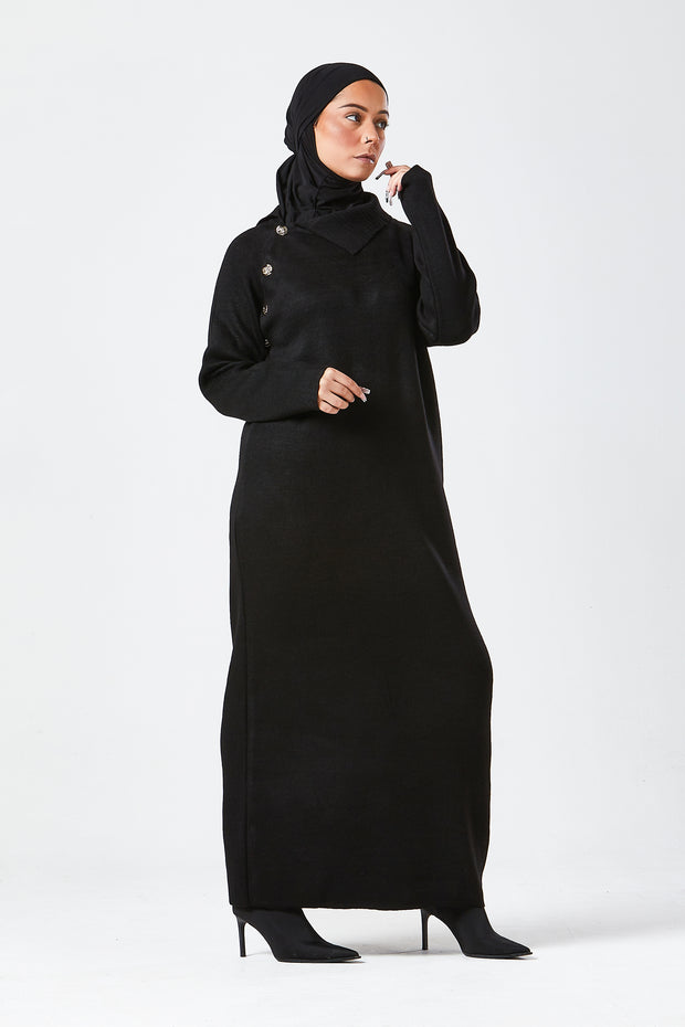 Black Maxi Knit Dress with Side Buttons