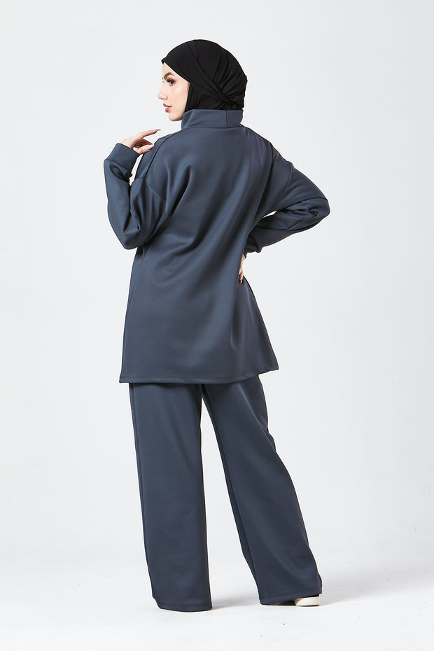 Charcoal Grey Funnel Neck Modest Two Piece Set