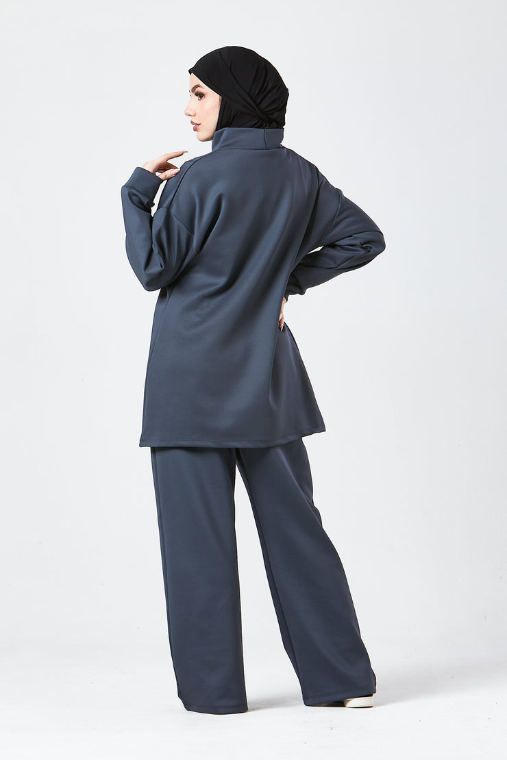 Charcoal Grey Funnel Neck Modest Two Piece Set
