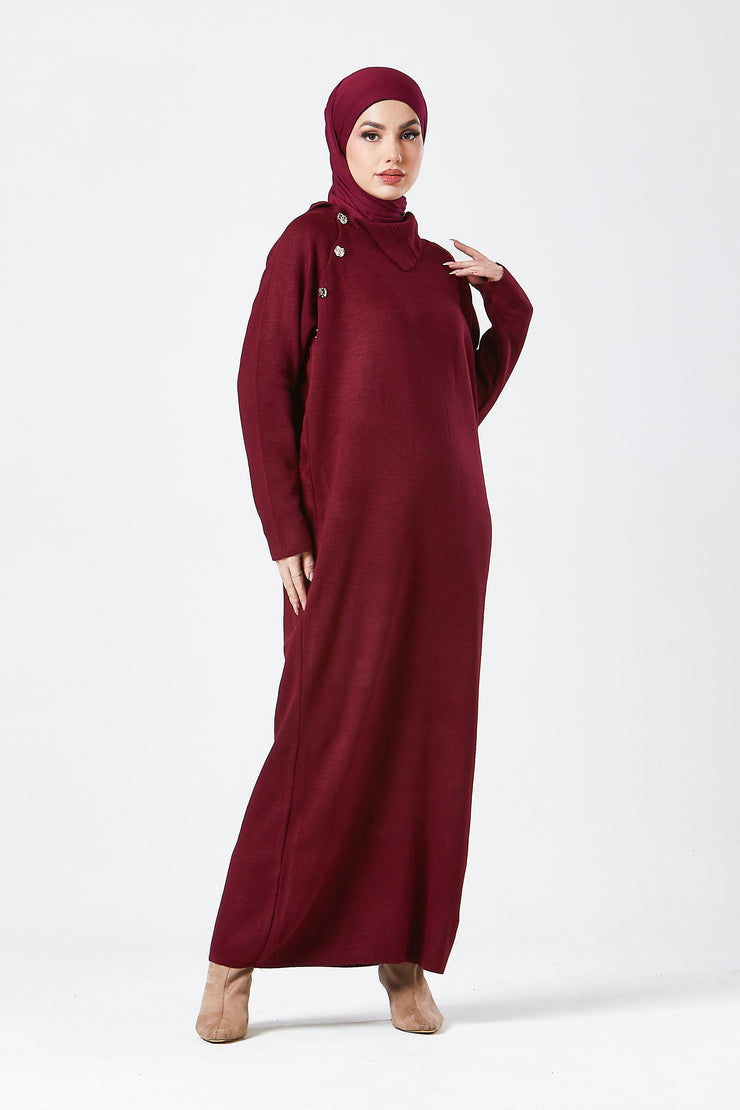 Burgundy Maxi Knit Dress with Side Buttons