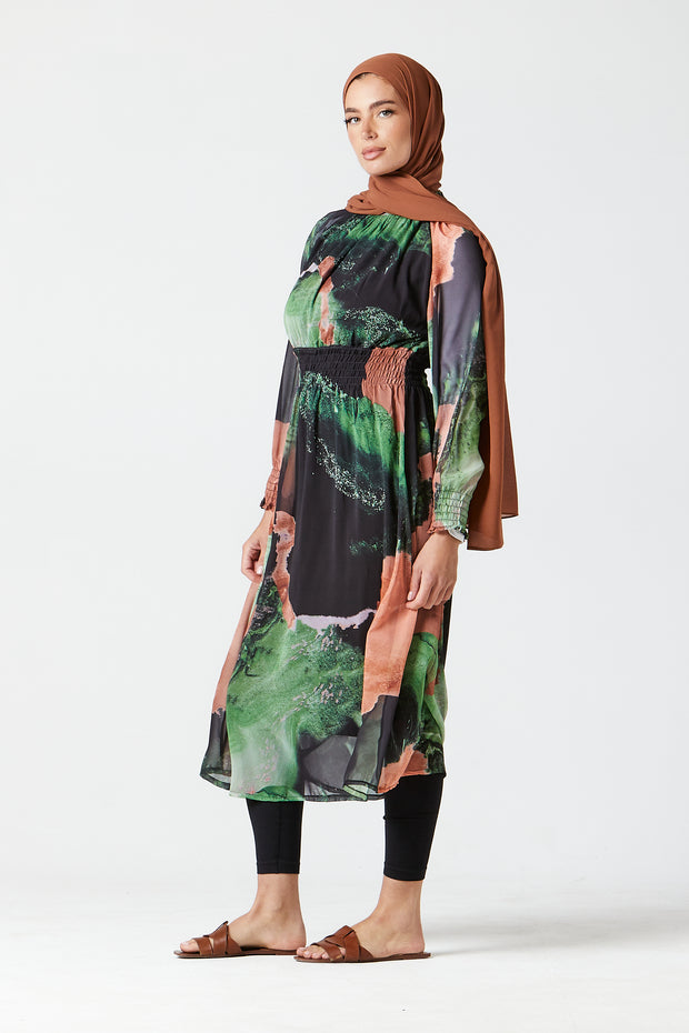 Green-Peach Abstract Midi Dress