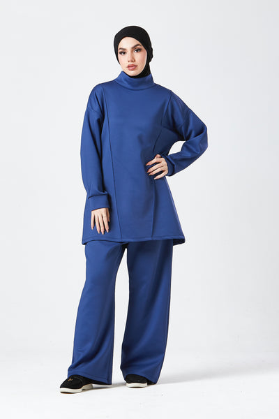Blue Funnel Neck Modest Two Piece Set