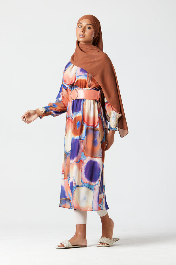 Oarang-Purple Abstract Midi Dress