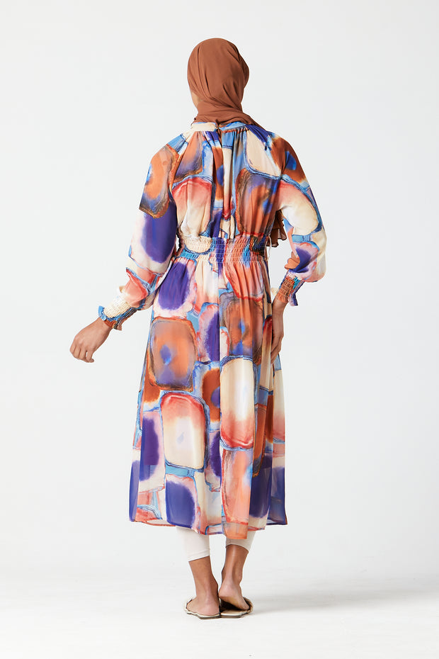 Oarang-Purple Abstract Midi Dress