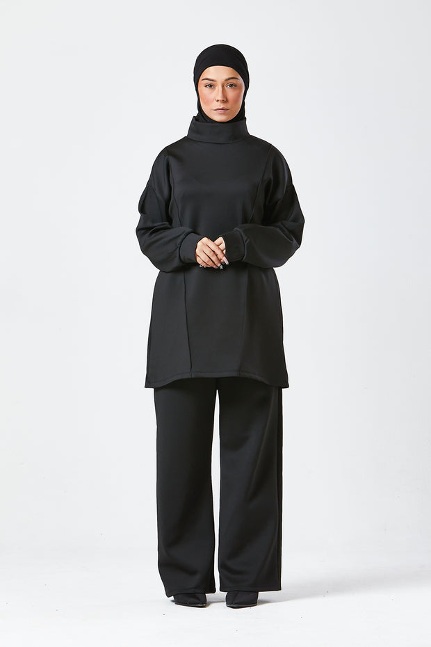 Black Funnel Neck Modest Two Piece Set