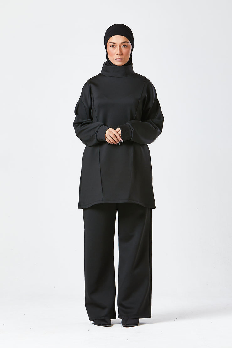 Black Funnel Neck Modest Two Piece Set