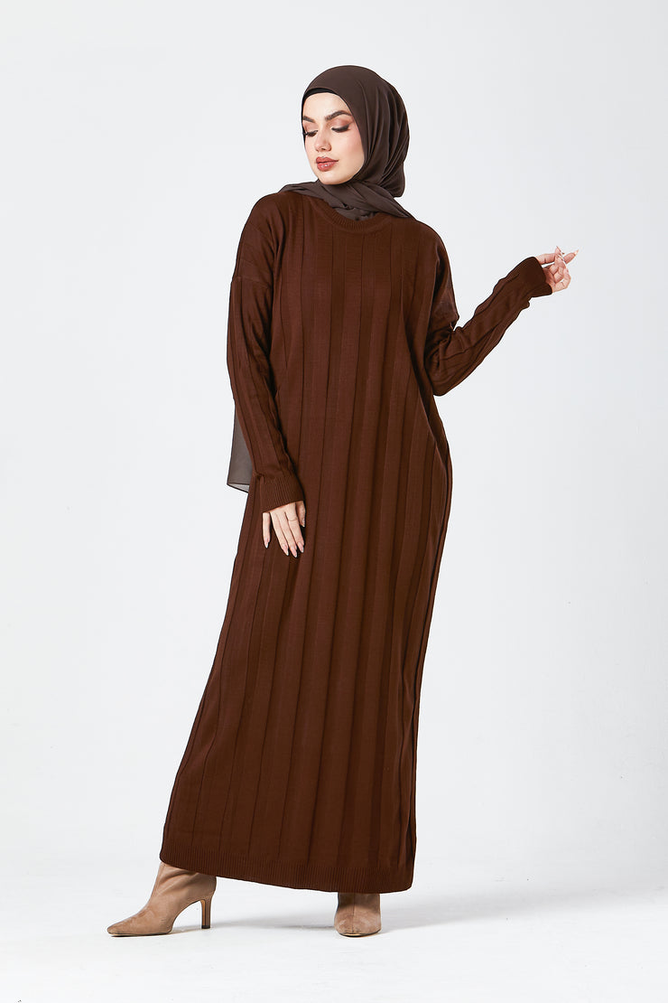 Brown Ribbed Maxi Knit Dress