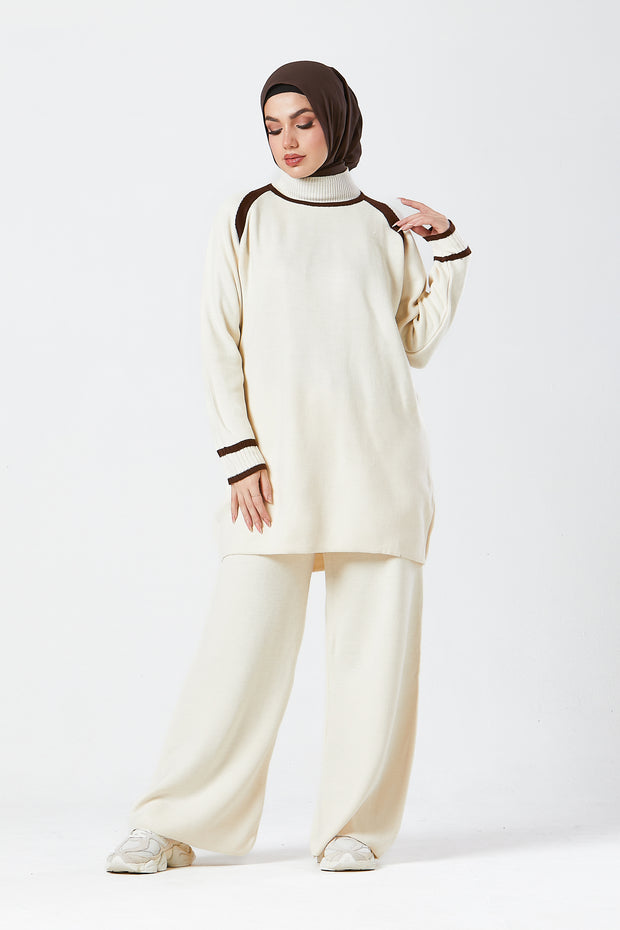 Cream Contrast Knit Co-Ord Set