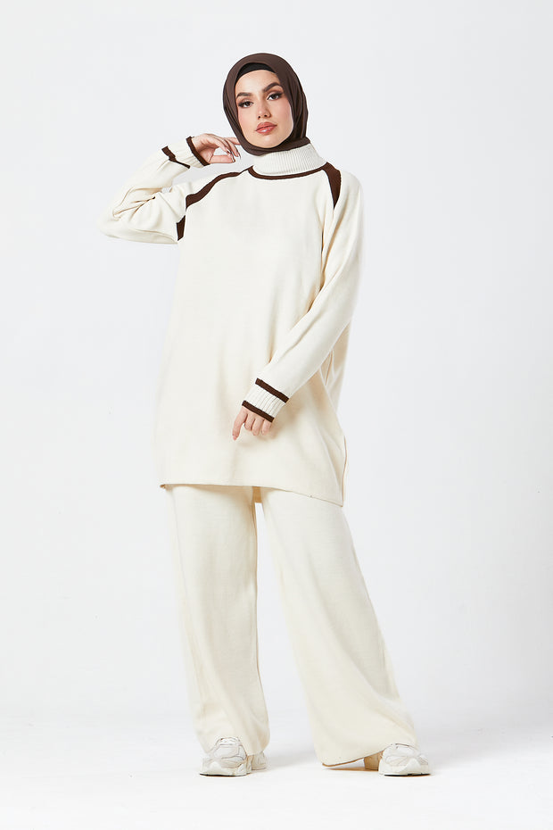 Cream Contrast Knit Co-Ord Set