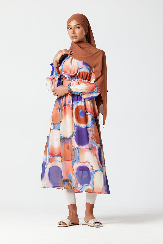 Oarang-Purple Abstract Midi Dress