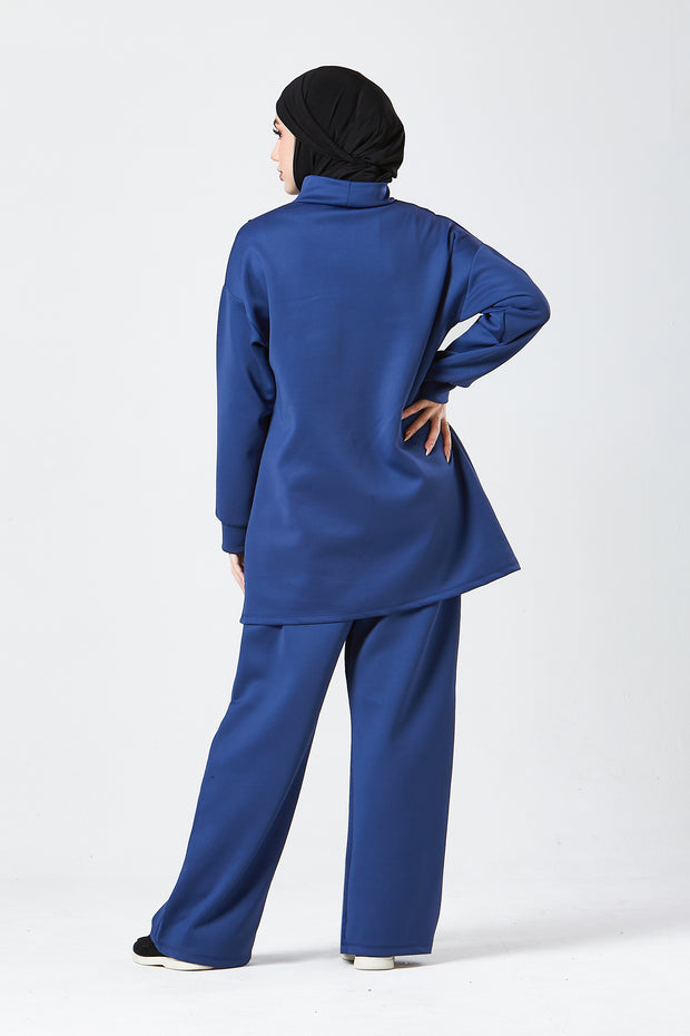 Blue Funnel Neck Modest Two Piece Set