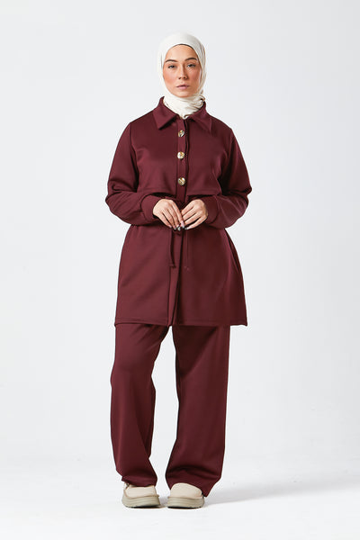 Burgundy Modest Buttoned Co-Ord Set