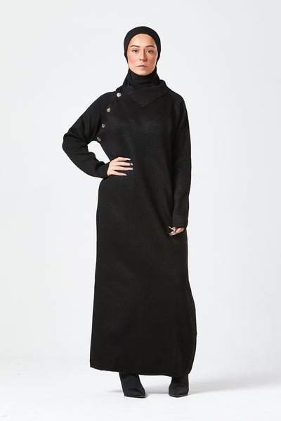 Black Maxi Knit Dress with Side Buttons