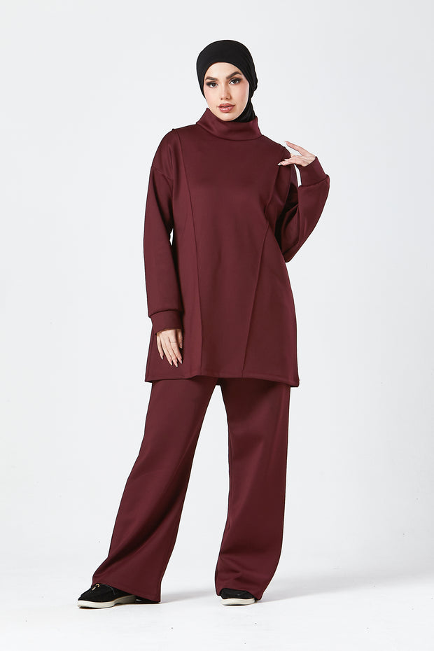 Burgundy Funnel Neck Modest Two Piece Set