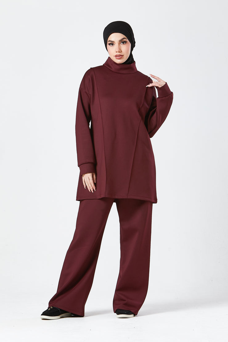 Burgundy Funnel Neck Modest Two Piece Set