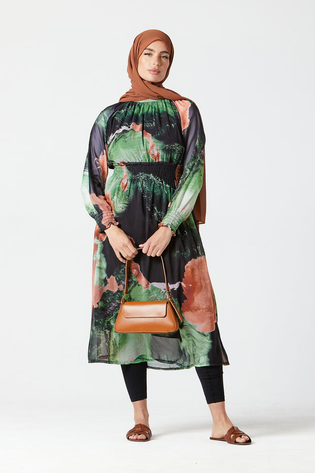 Green-Peach Abstract Midi Dress
