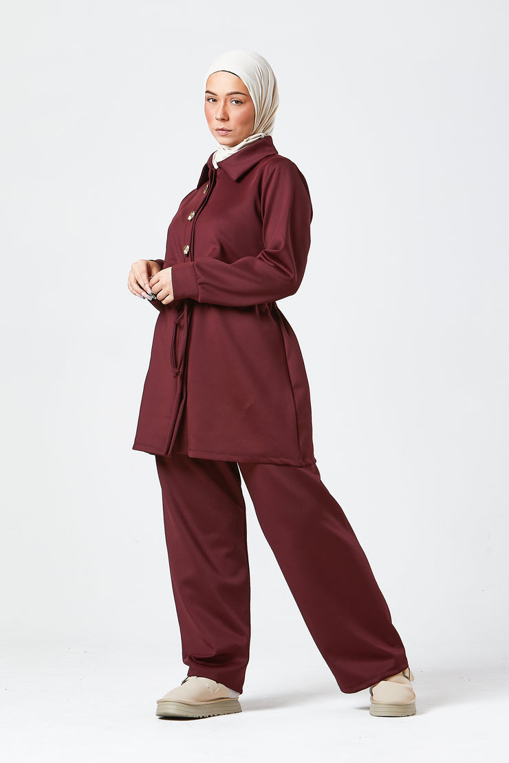 Burgundy Modest Buttoned Co-Ord Set
