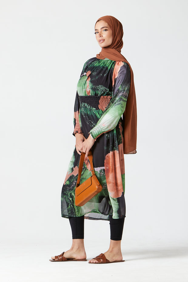 Green-Peach Abstract Midi Dress