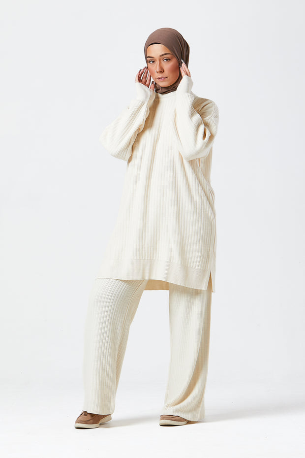 Cream Ribbed Knit Co-ord Set