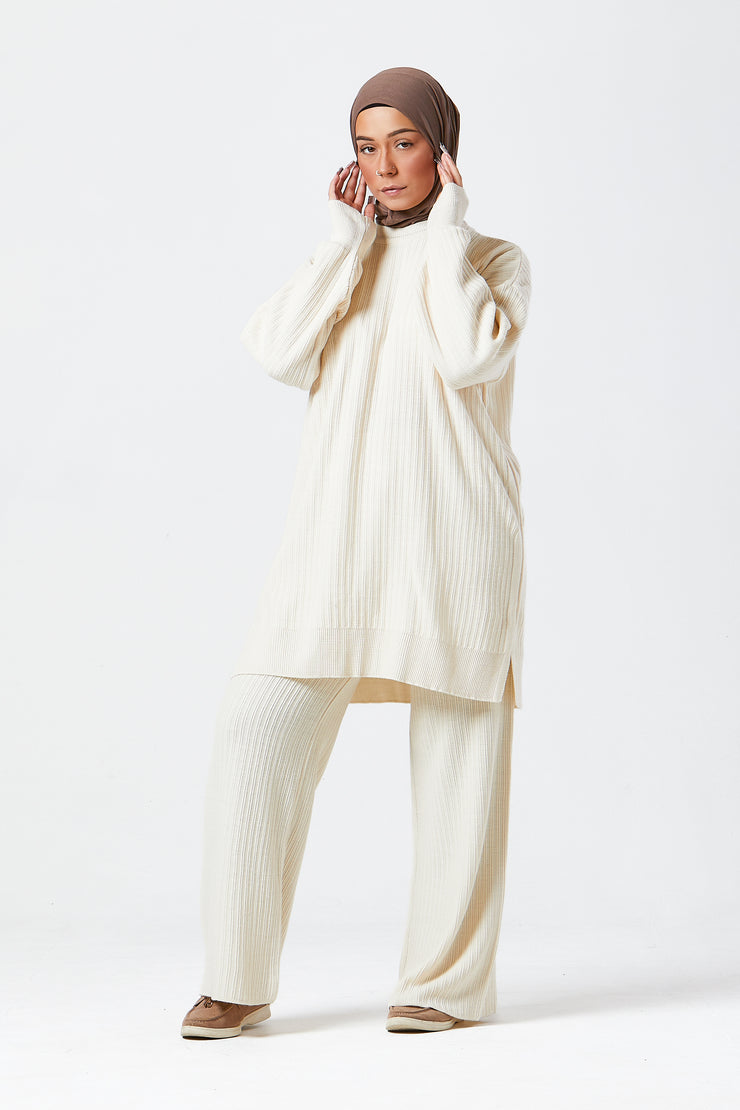 Cream Ribbed Knit Co-ord Set