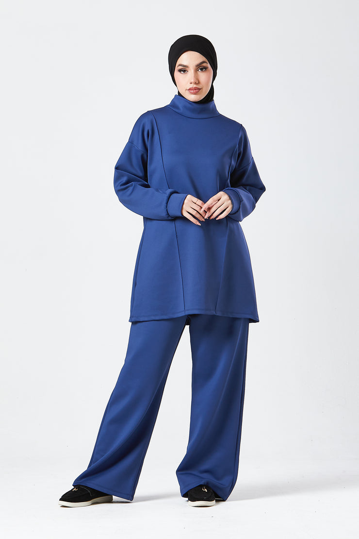 Blue Funnel Neck Modest Two Piece Set