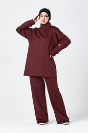 Burgundy Funnel Neck Modest Two Piece Set