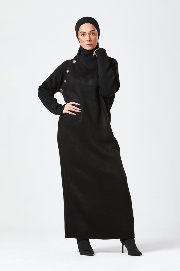 Black Maxi Knit Dress with Side Buttons