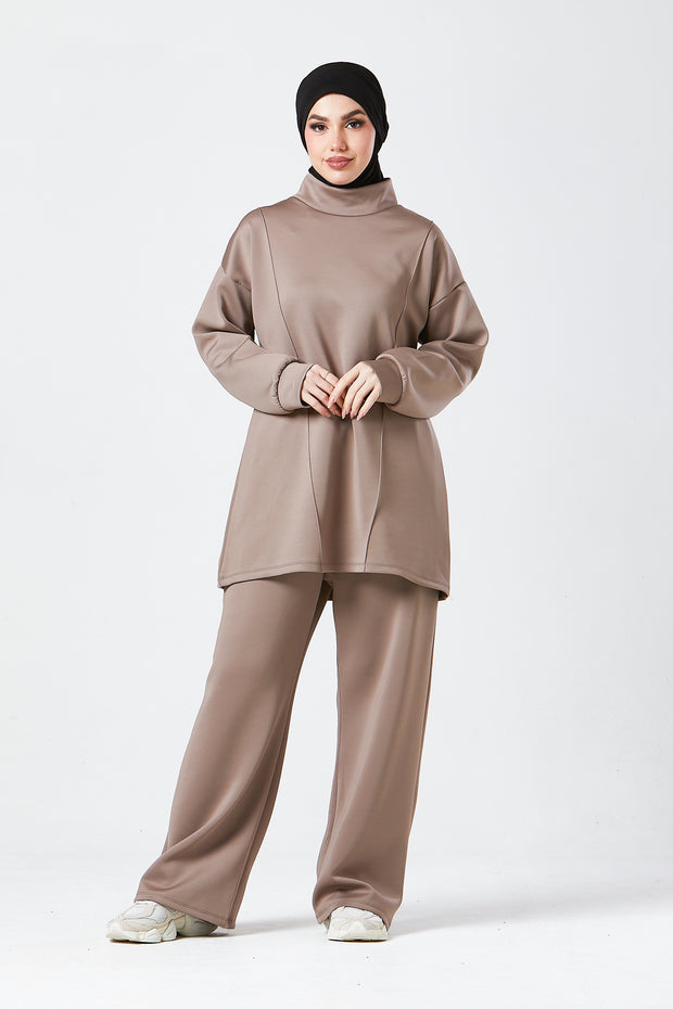 Mocha Funnel Neck Modest Two Piece Set