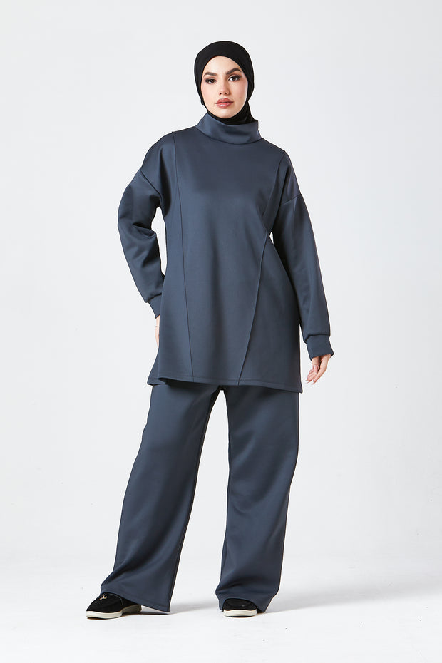 Charcoal Grey Funnel Neck Modest Two Piece Set