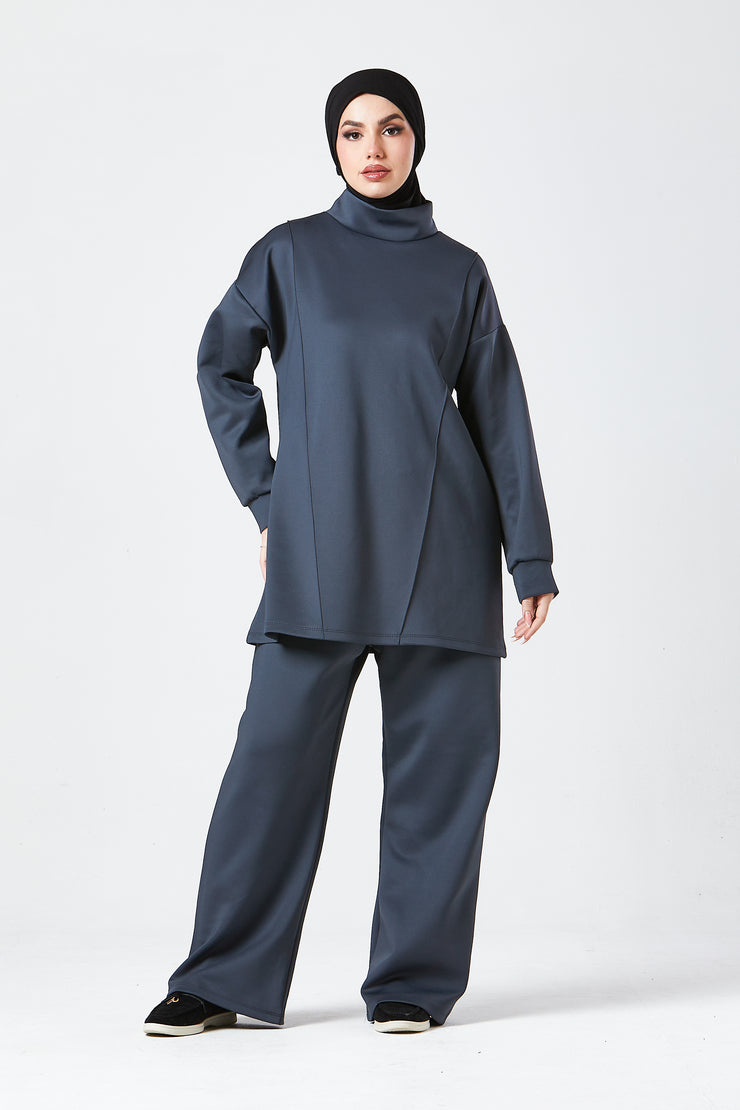 Charcoal Grey Funnel Neck Modest Two Piece Set