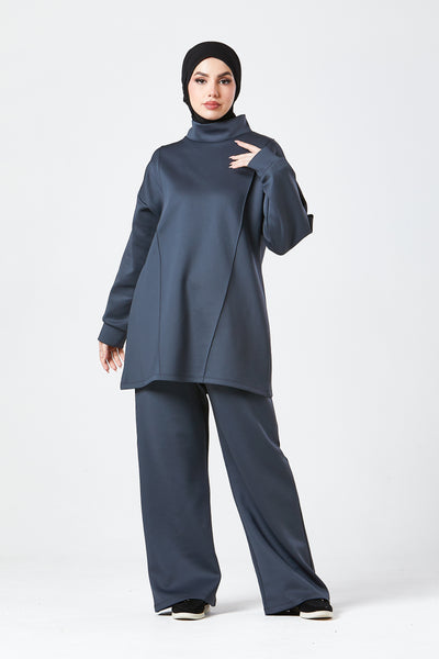 Charcoal Grey Funnel Neck Modest Two Piece Set