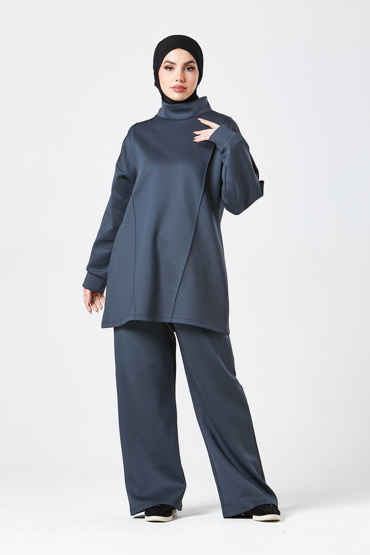 Charcoal Grey Funnel Neck Modest Two Piece Set