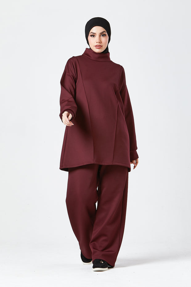 Burgundy Funnel Neck Modest Two Piece Set