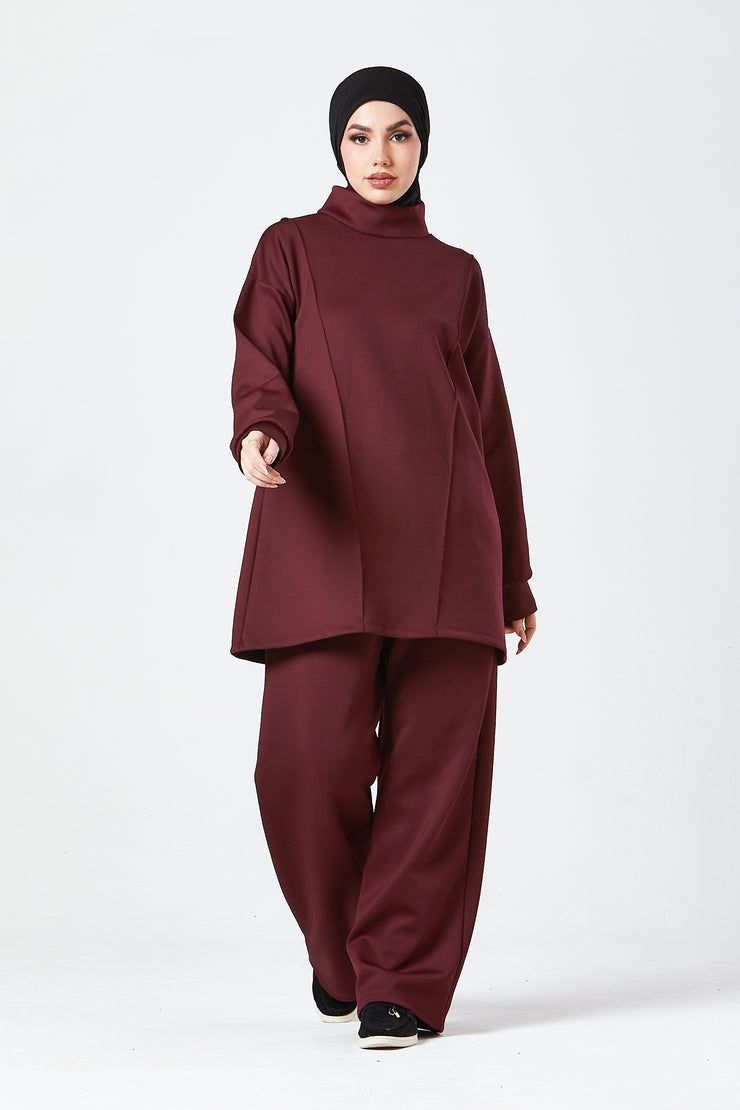 Burgundy Funnel Neck Modest Two Piece Set