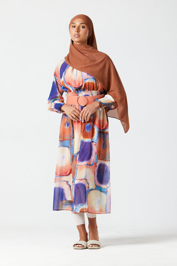 Oarang-Purple Abstract Midi Dress