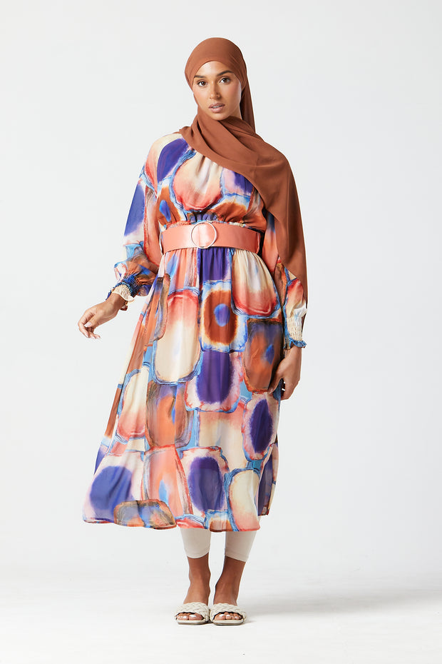 Oarang-Purple Abstract Midi Dress