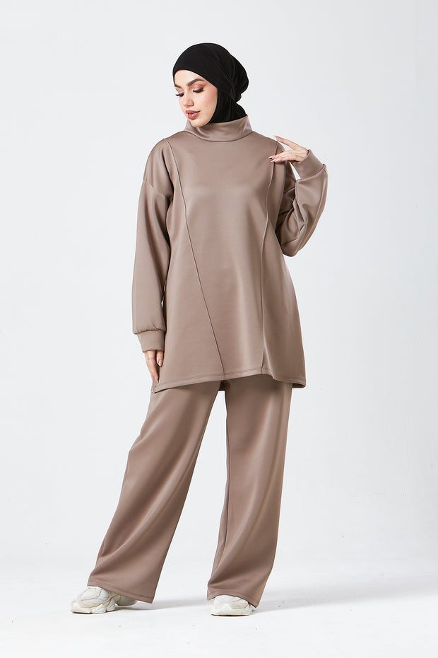 Mocha Funnel Neck Modest Two Piece Set