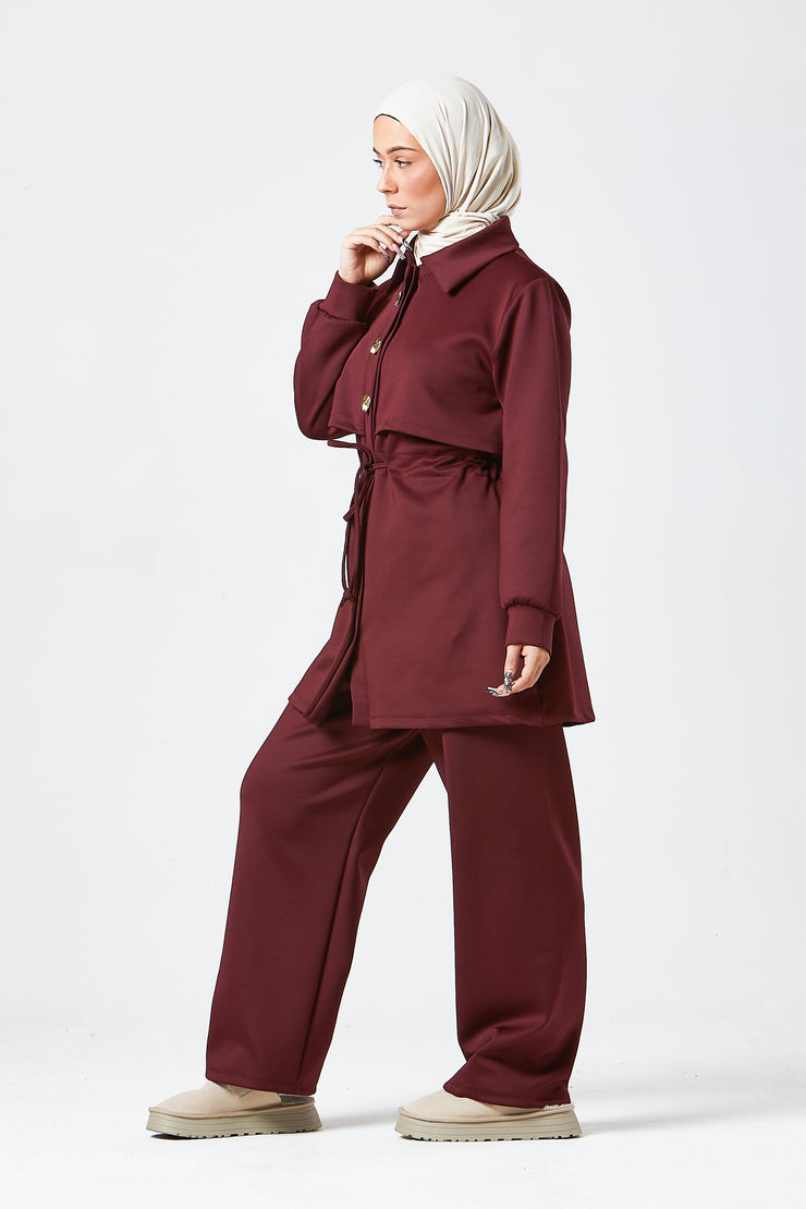 Burgundy Modest Buttoned Co-Ord Set