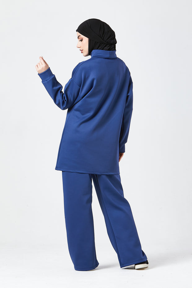 Blue Funnel Neck Modest Two Piece Set