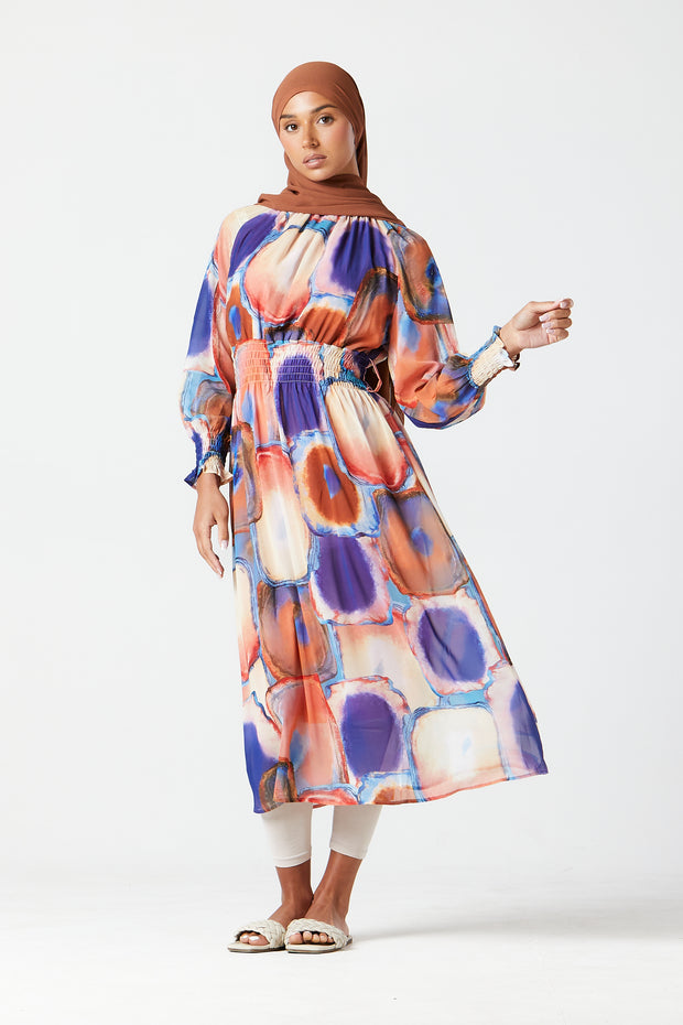 Oarang-Purple Abstract Midi Dress