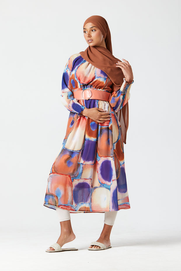 Oarang-Purple Abstract Midi Dress