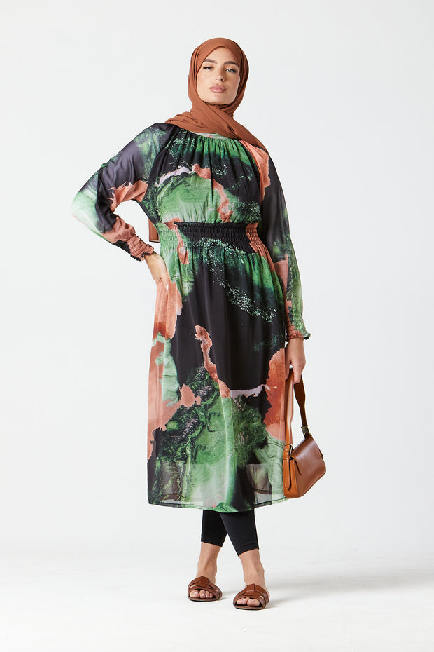 Green-Peach Abstract Midi Dress