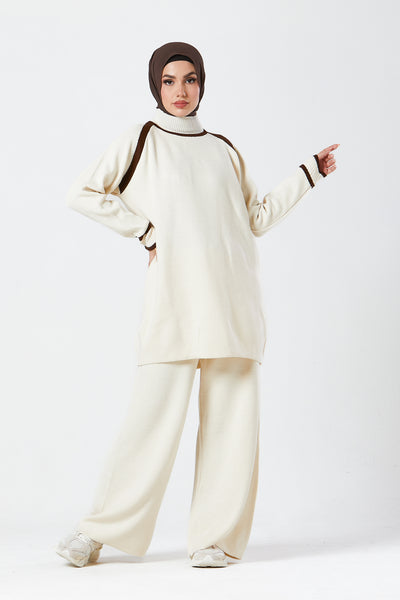 Cream Contrast Knit Co-Ord Set
