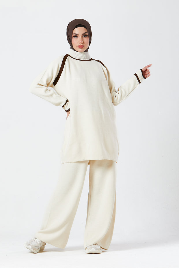Cream Contrast Knit Co-Ord Set
