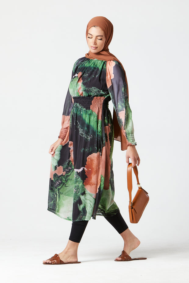 Green-Peach Abstract Midi Dress