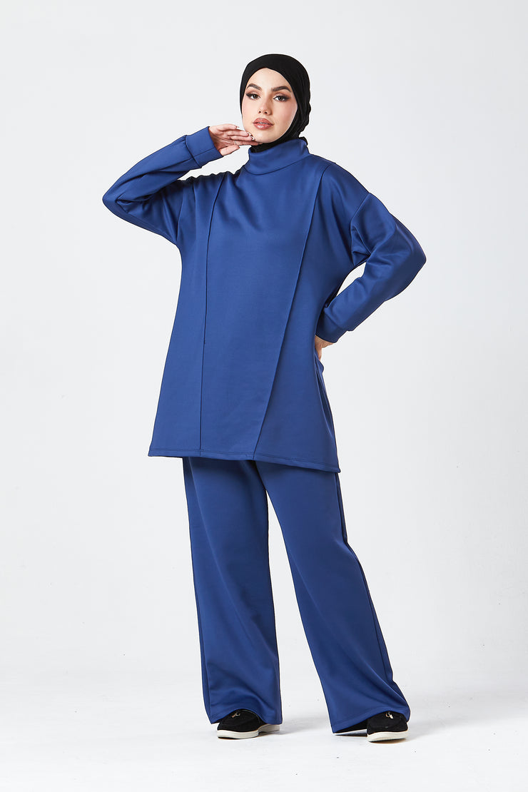 Blue Funnel Neck Modest Two Piece Set