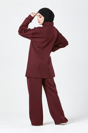 Burgundy Funnel Neck Modest Two Piece Set
