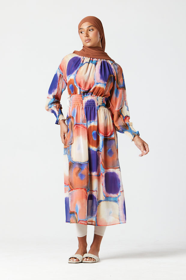 Oarang-Purple Abstract Midi Dress
