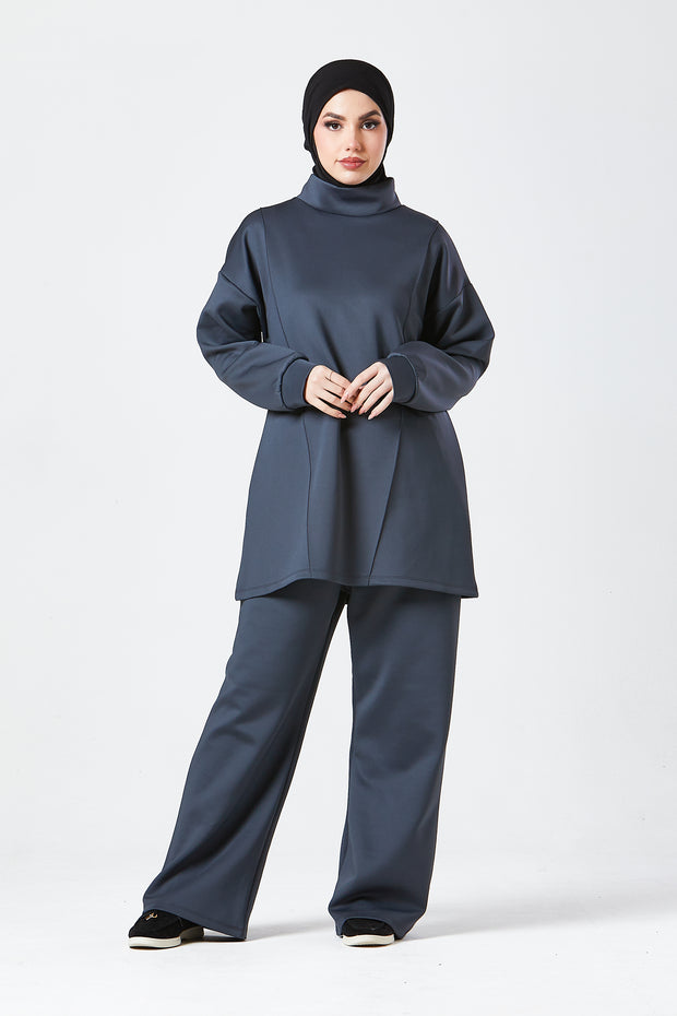 Charcoal Grey Funnel Neck Modest Two Piece Set