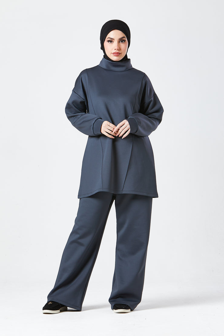 Charcoal Grey Funnel Neck Modest Two Piece Set